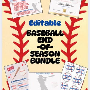 Pacchetto modificabile di fine stagione di baseball / Certificati di squadra Canva, biglietti da visita, etichette, inviti per feste, pagine di ricordi e altro ancora