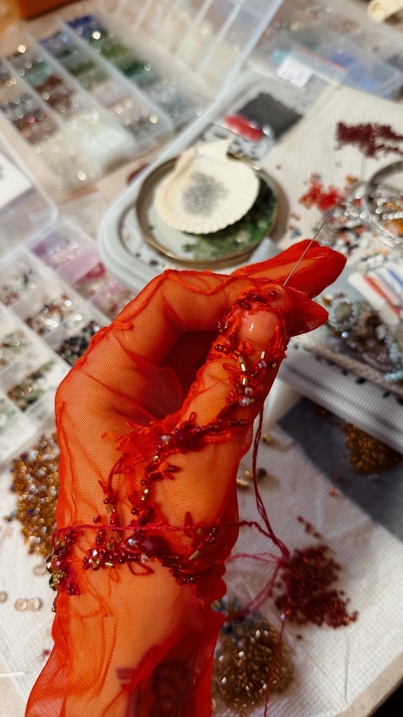 Red Sheer Embroidered Gloves Handmade Long Mesh Gloves Beaded Transparent Red Gloves Couture Evening Gloves One of a Kind