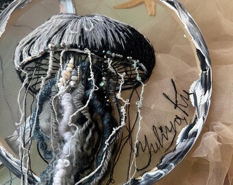 Hand-Embroidered Jellyfish Wall Art | Beaded Textile, Ocean Decor