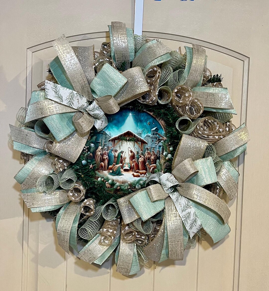 Nativity Scene Christmas Wreath With Elegant Bows and Ribbons, Door ...