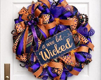 Witchy Halloween Wreath, “A Wee Bit Wicked” Door Decor, Purple Orange Black Halloween Mesh Wreath, Spooky Cute Front Door Decor