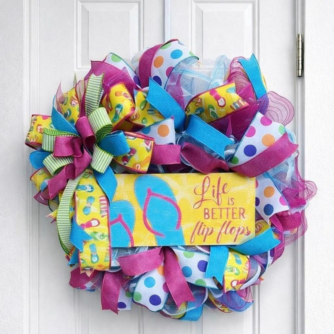 Summer Flip Flop Wreath, Colorful Mesh Front Door Wreath, Beach Decor ...