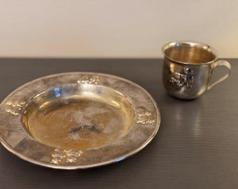 Vintage Godinger Silver-Plated Baby Cup & Plate Set – Teddy Bear Design – Christening Gift, Nursery Keepsake