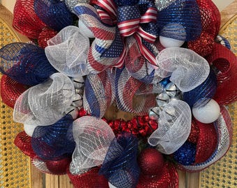 Stars and Stripes Jubilee Wreath – Handcrafted Red, White & Blue Patriotic Deco Mesh Decor
