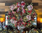 Rustic Christmas Wreath: 30" Farmhouse Holiday Decor with Plaid Ribbon & Bells (Plug-In Lights)