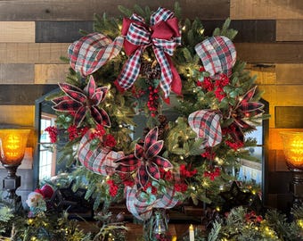 Rustic Christmas Wreath: 30" Farmhouse Holiday Decor with Plaid Ribbon & Bells (Plug-In Lights)