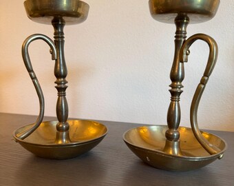 Set of 2 Vintage Brass Chamberstick Holders - Made in Korea, Colonial Style Candle Holders, 6-1/4&quot; Tall