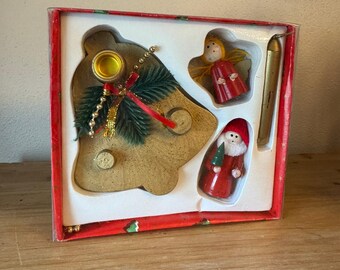 Vintage Wooden Christmas Candle Holder Set – Angel & Santa – New in Box