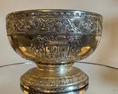 Vintage Silver-Tone Footed Bowl: Heraldic Grape Relief, Made in Japan