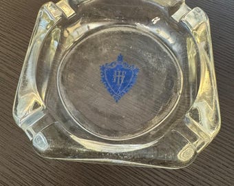 Vintage Hilton Hotel Ashtray – Glass with Blue Crest Logo, c. 1940s–50s Lounge Collectible