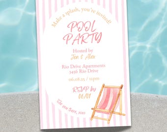 Pink Pool Party Invitation: Striped Beach Bash Flyer (4x6 Digital Download