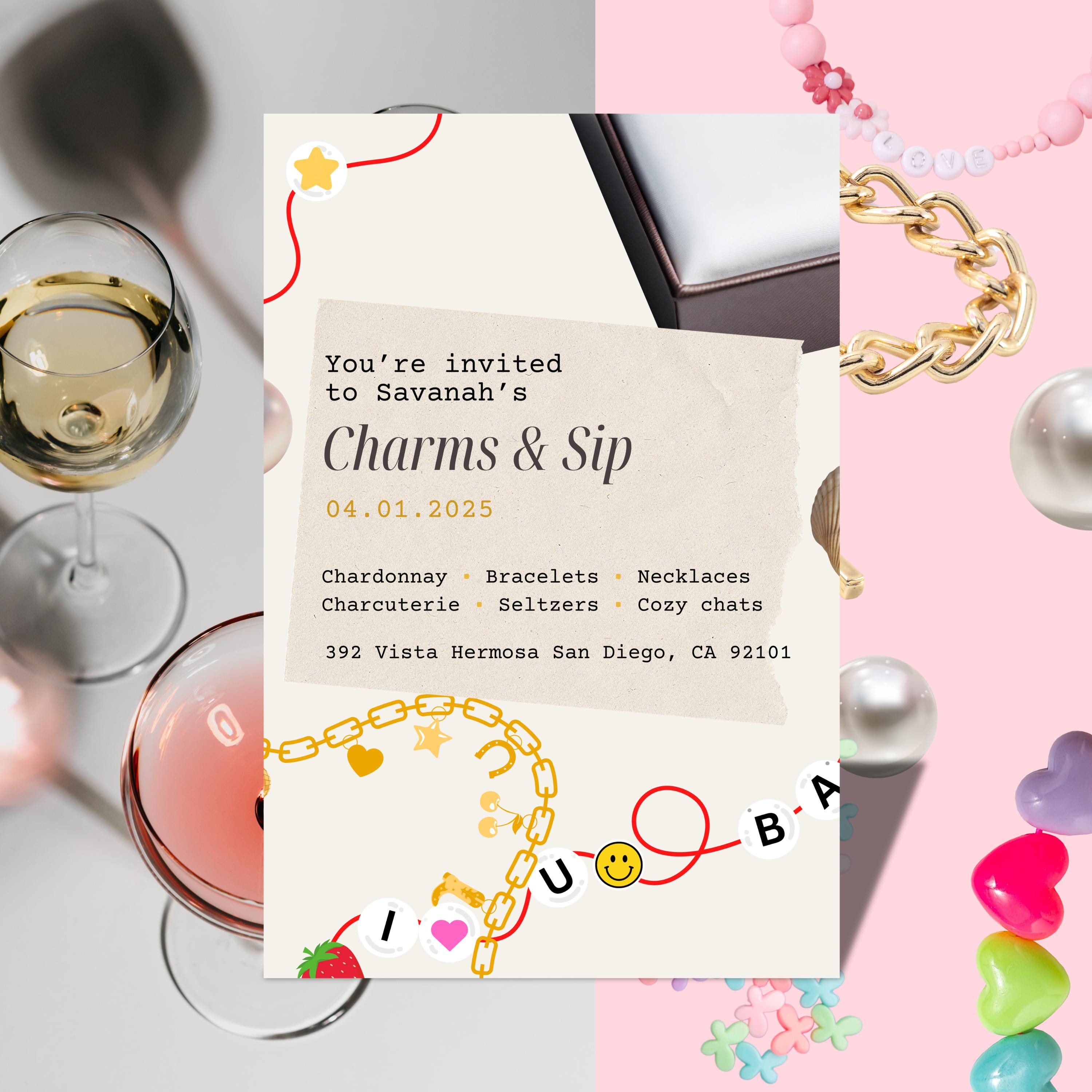 Charms and Sip Invitation - Bracelet Making Party Activity Gold Letter Beads Smiley Face Aesthetic Girl Themes