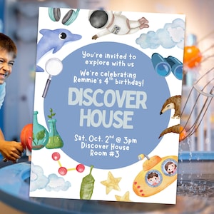 May include: A colorful invitation for a 4th birthday party with a science theme. The invitation features illustrations of a dolphin, astronaut, submarine, and other science-related images. The text reads "You're invited to explore with us" and "Discover House".