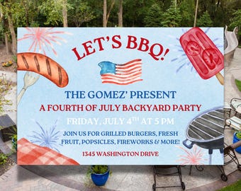 Inbjudan till grillfest den 4 juli — Röd, vit och blå picknick, mall för grillfest, familjesommartradition, grillfest med varmkorv och hamburgare