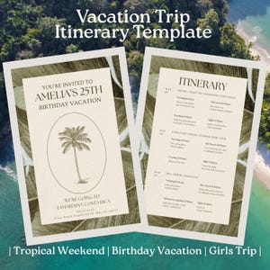 May include: A printable itinerary template for a vacation trip to Tamarindo, Costa Rica. The template includes a title, "Vacation Trip Itinerary Template", and a section for "You're Invited to Amelia's 25th Birthday Vacation". The itinerary includes a list of activities for each day of the trip, including travel, jungle excursions, and a resort beach day.