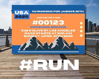 Pode incluir: Um cartaz laranja e azul brilhante com o texto "USA 2025" e "Estou correndo para o 30º aniversário de Jason". O cartaz também inclui o texto "#00123", "Pershing Square", "532 S Olive St, Los Angeles", "A corrida começa às 9:00 AM", "Domingo, 27 de abril de 2025", e "#RUN".