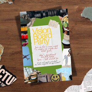 Puede incluir: Una colorida invitación para una "Vision Board Party" con el texto "Únete a nosotros para una noche acogedora donde creamos nuestros objetivos 202X." La invitación incluye la fecha, la hora y la dirección. El diseño incorpora varias imágenes y una estética de papel rasgado.