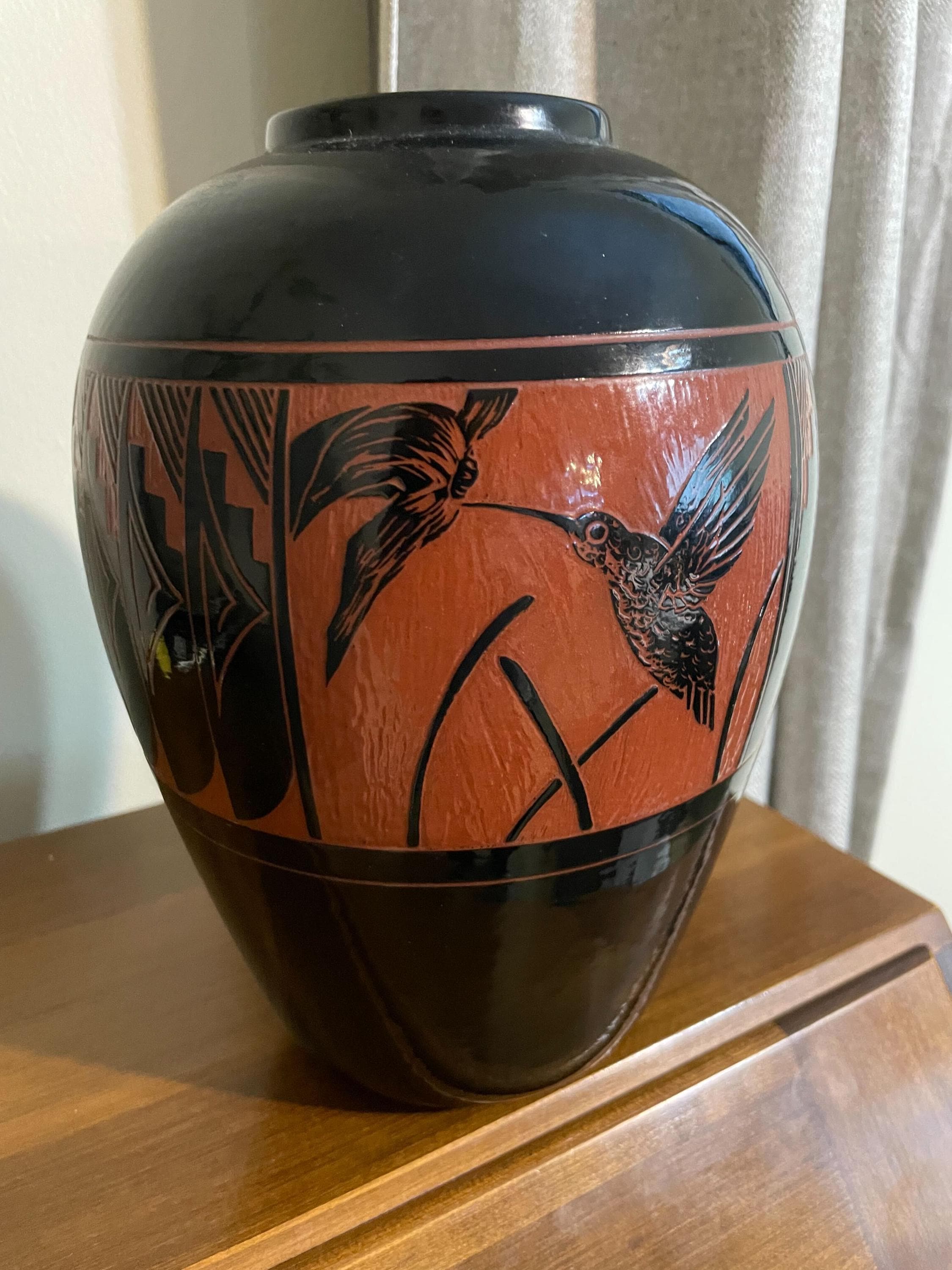 ヴィンテージ ネイティブアメリカン 陶器 花瓶 サキジー ナバホ 赤 黒