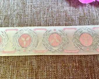 Vintage 50s Damask Trim: Pale Pink Woven Metallic Accents, 1" Wide Lot 104