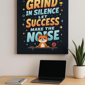 Motivational Cartoon Canvas Top Quality – Grind In Silence Let Success Make the Noise – Hustle Mindset Wall Art