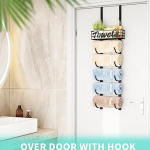 Over Door Towel Rack-Towel Storage Rack Wall Mounted with Metal Shelf, 6-Tier Over Door Towel Rail, Towel Holder, Black
