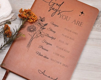 Diario de oración personalizado, diario con versículos bíblicos "Dios dice que eres", regalo cristiano, regalo religioso, regalo de afirmaciones, regalos de Navidad