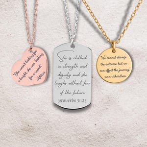 Custom Quote Necklace Personalized Mantra Scripture Verse Book Song Lyric Friend Gift Keepsake Secret Message Unique Teacher Jewelry