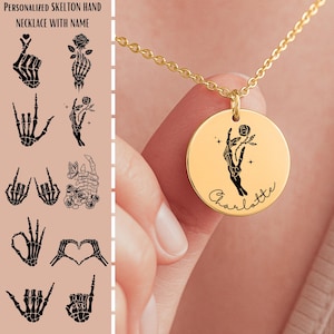Personalized Floral Skeleton Hand Necklace with Name – Unique Gothic Jewelry, Custom Gift for Her, Halloween or Birthday Gift, Couple Gifts