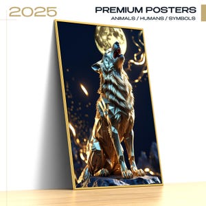 Arte de pared geométrico de lobo / Retrato poligonal de lobo dorado y azul marino / Póster digital 3D de animales para decoración moderna del hogar o la oficina