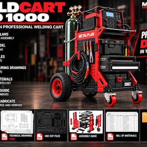 Puede incluir: Un carro de soldadura de metal rojo y negro con cilindro de gas, con el texto WELDCART PRO 1000 y METALPLAN. Incluye archivos digitales para modelos 3D CAD, archivos de corte CNC, planos de fabricación, listas de materiales y guías.