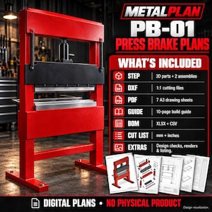 May include: Digital plans for a red metal press brake, model PB-01 by METALPLAN. Includes STEP 3D parts, DXF 1:1 cutting files, 7 A3 PDF drawing sheets, a 10-page build guide, BOM in XLSX and CSV, and a cut list in mm and inches. No physical product.