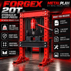 Puede incluir: Una prensa hidráulica de taller roja de 20 toneladas con marco de acero resistente, altura de mesa ajustable y dos bloques en V negros. La imagen incluye texto que detalla planes de proyectos de metal, incluyendo archivos PDF, DXF y guía.