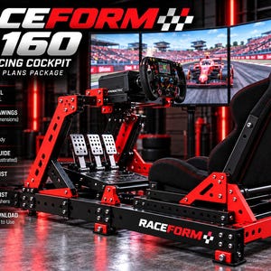 May include: A Raceform F1160 DIY sim racing cockpit featuring a black and red metal frame, a black bucket seat, a steering wheel, and three pedals. The image includes text detailing a 3D CAD model, drawings, DXF files, assembly guide, and BOM.