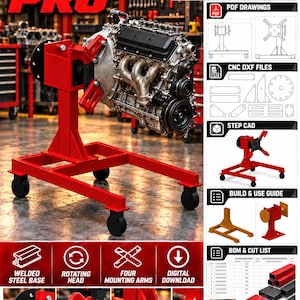 Op de afbeelding: Een rode motorstandaard met een roterende kop en vier montagearmen, afgebeeld met een automotor. Het digitale plan bevat PDF-tekeningen, CNC DXF-bestanden, STEP CAD-modellen, een bouwhandleiding en een materiaallijst met een zaaglijst.