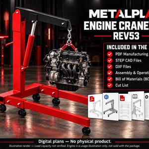 Op de afbeelding: Een rode metalen motorkraan met een zwarte giek en hydraulische cilinder, die een automotor ophangt. Tekst: METALPLAN ENGINE CRANE PRO REV53. Inclusief PDF-tekeningen, STEP CAD-bestanden, DXF-bestanden, montagehandleiding en stuklijst.