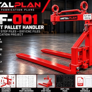 May include: A bright red forklift pallet handler with a 1000 kg capacity label. The digital fabrication project includes CAD plans, STEP files, DXF/CNC files, an assembly guide, and a bill of materials, all presented with technical diagrams.