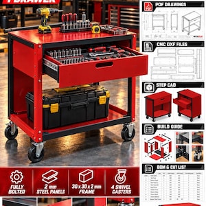 Puede incluir: Un carrito de herramientas de metal rojo y negro con un cajón, que muestra una superficie superior con un taladro amarillo, juegos de llaves de vaso y una cinta métrica. Debajo del cajón hay una caja de herramientas negra. Incluye diagramas técnicos.