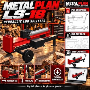 Op de afbeelding: Digitale plannen voor een Metal Plan LS-18 hydraulische houtklover, met een rood en zwart frame, een zilveren hydraulische cilinder en wielen. De afbeelding bevat technische tekeningen, CNC DXF-bestanden en CAD-bestanden voor horizontaal en verticaal gebruik.