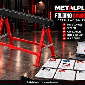 May include: A red and black metal folding sawhorse with a rectangular top beam. The image displays digital fabrication plans including PDF drawings, STEP CAD files, CNC DXF files, a bill of materials, a cut list, and a build guide on a laptop.