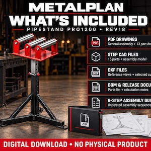 May include: A Metalplan Pipestand Pro1200 Rev18 digital download package. Includes a red and black metal pipe stand with three rollers, a black zip folder, and technical drawings. Files provided include PDF drawings, STEP CAD files, DXF files, BOM, and a 6-step assembly guide.