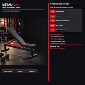 Puede incluir: Planos de fabricación digital para un banco ajustable METALPLAN BN-01 de acero soldado. Incluye archivos STEP, DXF, PDF, guía y lista de materiales. Las especificaciones indican 1300 x 500 mm, 6 posiciones de respaldo, 200 kg y 29 kg de acero.