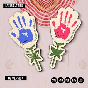 Ensemble SVG fleur empreinte de main pour la fête des mères, fête des mères heureuse et premiers signes pour la fête des mères, fichier découpé au laser pour Cricut Glowforge, cadeau en bois pour maman