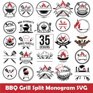 May include: A collection of 35 BBQ grill designs in black and white. The designs include images of flames, grilling tools, and text such as "BBQ Master", "Steak House", and "Grill Menu". The text "35 Designs" is also present.