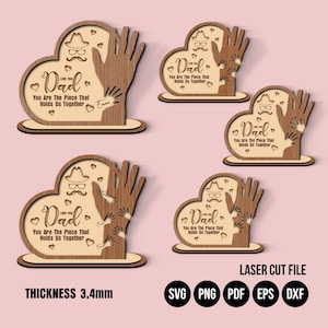 Znak dla taty z dziecięcymi dłońmi Trofeum ojca SVG Plik wycinany laserowo do sklejki 3 mm i 4 mm, gotowy do użycia w Glowforge, prezent na Dzień Ojca, dekoracja w formie stojaka na ręce