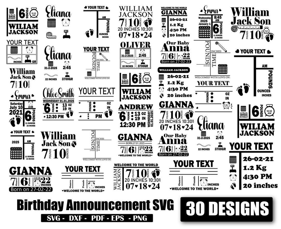 Newborn Birth Stats SVG Bundle: Baby Announcement Template (digital ...