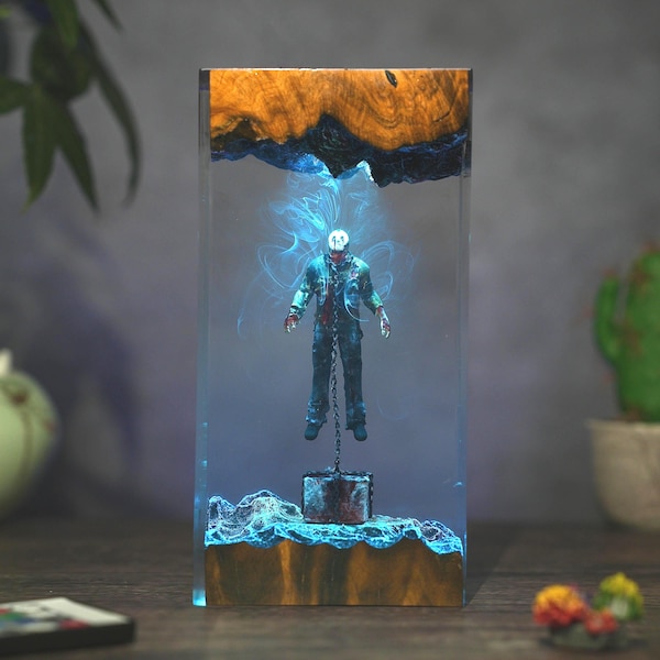 Handcrafted  Jason Resin Light, Masked Killer Chained Beneath the Lake Scene with LED Smoke Effect | Creepy Halloween Decor