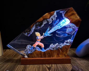 Handmade Go.ku Resin Lamp, Super Fighter Energy Beam, Wood & Epoxy, Anime Warrior Resin Night Light, Fantasy Epoxy Lamp, Unique Gift
