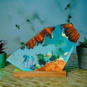 Octopus & Divers Resin Night Light: Ocean Diorama Lamp with RGB LED