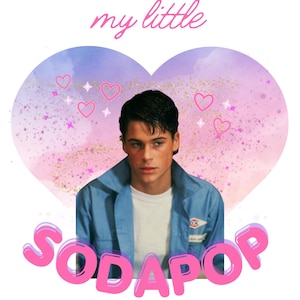 May include: A graphic with a man in a blue jacket and white shirt, with the text "my little" above and "SODAPOP" below. The background is a heart shape with pink and purple watercolor effects and pink hearts.