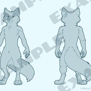 May include: A light blue line art illustration of a fox-like anthropomorphic character, shown from the front and back. The front view shows the character smiling. The back view shows the character's tail. The text "EXAMPLE" is printed on the image.